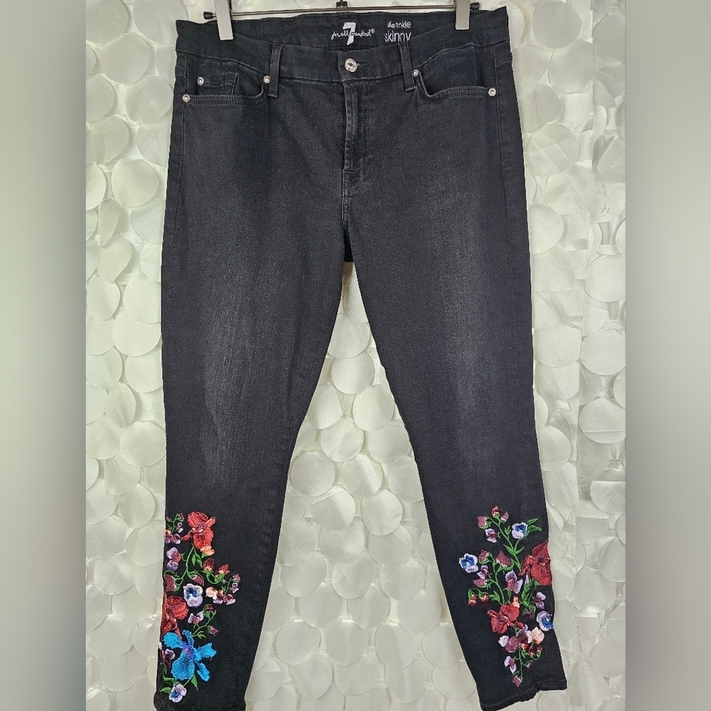 7 For All Mankind Black Jeans with Floral Embroidery